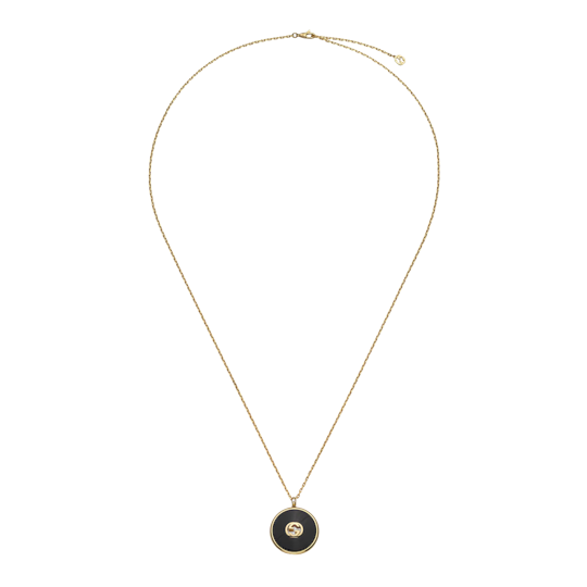 Gucci Inteloking Long Chain Necklace 18k Gold Onyx Diamonds