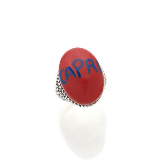 Chantecler Anello In Argento, Cabochon Rosso E Scritta Capri Blu